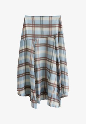 Fustă în linie A cu model în carouri albastre, maro și crem, având un design asimetric stratificat și un material fluid.