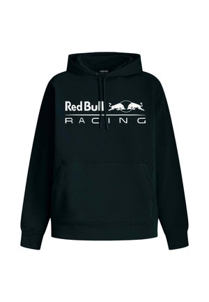 Sudadera negra con un bolsillo frontal tipo canguro, que presenta un logo blanco de "Red Bull Racing" y un gráfico de dos toros, capucha ajustable con cordón.