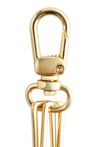 Goldfarbener Metall-Drehkarabinerhaken mit runder Form, glatter Oberfläche und dreifachem Ringanschluss, polierte Oberfläche und zentraler Drehachse.