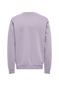 Μωβ βαμβακερή μπλούζα με στρογγυλή λαιμόκοψη, ριμπ μανίκια και στρίφωμα. Απλό σχέδιο, λεία υφή και χωρίς ορατά λογότυπα ή διακοσμητικά.