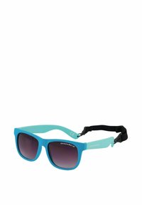Aurinkolasit, joissa on turquoise-värinen matta muovikehys, tumman violetit gradient-linssit sekä säädettävä musta hihna turvallista istuvuutta varten.