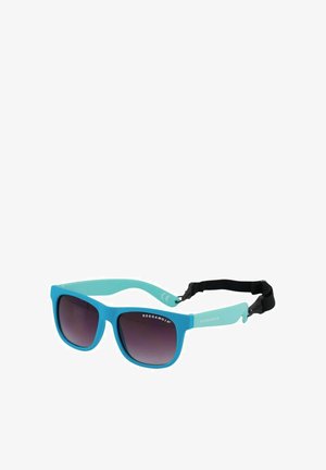 Lunettes de soleil avec une monture en plastique mat turquoise, des verres dégradés violet foncé et une sangle noire ajustable pour un maintien sécurisé.