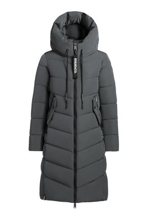 Manteau d'hiver long, gris foncé matelassé, avec un col haut, une fermeture éclair à l'avant, des poches zippées sur les côtés et des cordons de serrage de marque noire sur la capuche.
