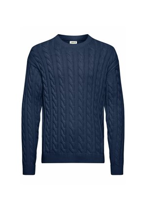 Suéter de punto azul marino con patrones de trenzas, escote redondeado y puños y dobladillo acanalados. Fabricado con un tejido texturizado para brindar calidez.
