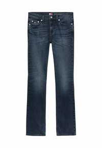 Vaqueros bootcut azul oscuro con una cintura de altura media, que cuentan con cinco bolsillos, costuras azules y detalles de hardware plateado en la parte frontal.
