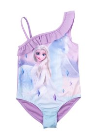 Costume da bagno viola a spalla unica con spallina arricciata, caratterizzato da una grafica di un personaggio e un unicorno in colori pastello e motivi a diamante.