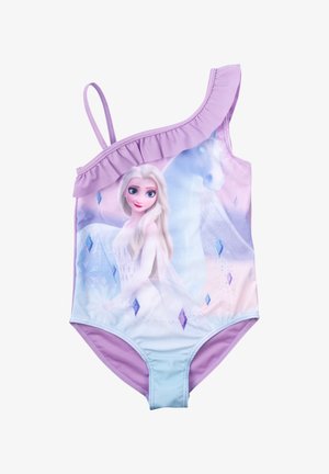 Costume da bagno viola a spalla unica con spallina arricciata, caratterizzato da una grafica di un personaggio e un unicorno in colori pastello e motivi a diamante.