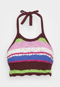 Haut de maillot en crochet avec des rayures multicolores en rose, vert, bleu, blanc et marron. Il présente un ourlet en formes de vagues et un col ajustable à nouer.