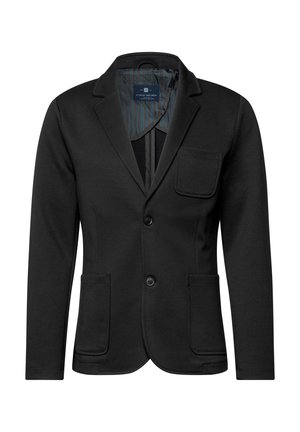 Blazer negro hecho de tela suave, con solapa muesca, dos bolsillos frontales, un bolsillo en el pecho y un forro interior a rayas.