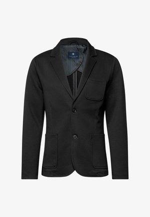 Schwarze Blazer aus weichem Stoff, mit Reverskragen, zwei vorderen Taschen, einer Brusttasche und einem gestreiften Innenfutter.