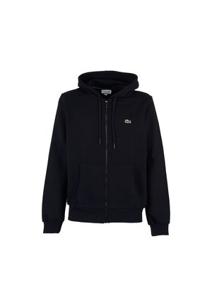 Haut à zip noir en mélange de coton. Comprend une poche kangourou, une capuche avec cordon de serrage et un petit logo vert brodé.