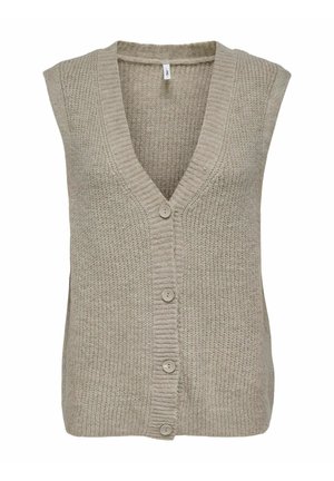 Gilet sans manches tricoté beige avec un col en V, des bords côtelés et cinq boutons sur le devant, présentant un tissu texturé.