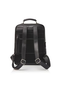 Black backpack with padded shoulder straps, zippered compartments, and mesh accents. Smooth leather material with structured design, subtle hardware.