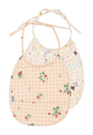 Two fabric bibs: one with a pink plaid and strawberry pattern, the other with a floral design. Both feature ties for secure fastening.