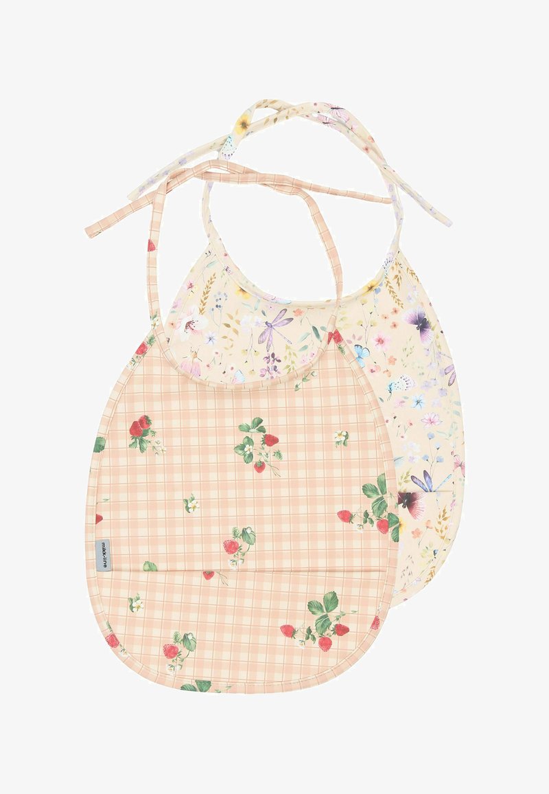 Deux bavoirs en tissu : l'un avec un motif à carreaux roses et fraises, l'autre avec un design floral. Les deux sont munis de liens pour un maintien sécurisé.