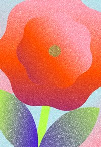 Illustration abstraite d'une fleur avec des pétales superposés dans des nuances de rouge, rose et orange, accompagnée de feuilles vertes sur un fond texturé.