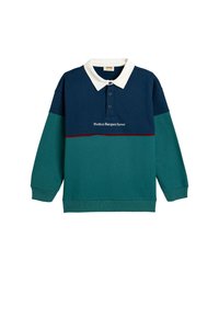 Bluza polo w kolorach granatowym, zielonym i turkusowym. Posiada biały kołnierz, trzy guziki oraz napis "Perfect Racquet Server" w kolorze białym.