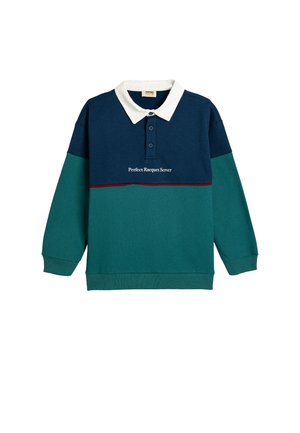 Polo sweatshirt in marineblauw, groen en turquoise. Beschikt over een witte kraag, drie knopen en de tekst "Perfect Racquet Server" in het wit.