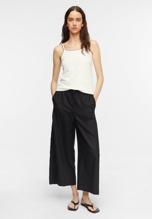 Kobieta o długich brązowych włosach, ubrana w białą bezrękawnikową bluzkę, szerokie czarne spodnie i czarne sandały, stojąca z rękami w kieszeniach.