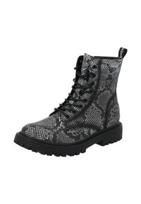 Stivale da combattimento con motivo in pelle di serpente nera e grigia, suola con battistrada spesso e lacci neri, dotato di un passante sul retro.
