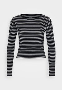 Black and white striped long-sleeve t-shirt with a round neckline and a fitted design. Made from ribbed fabric with a smooth texture.