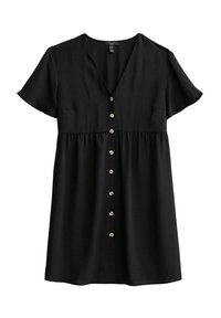 Black short-sleeve dress with a V-neck, featuring a button front and a gathered waist. The fabric is smooth with a subtle texture.
