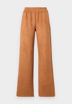 Brune, vide benbukser laget av myk stoff. Har strikk i liv og en glatt tekstur. Ingen lommer eller synlige festemidler.