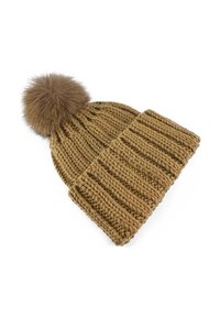 Beanie lavorato a maglia marrone con un motivo a costine, dotato di un soffice pom-pom sulla parte superiore. Realizzato in filato spesso per il calore.