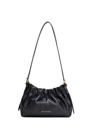 Sac à bandoulière en cuir noir avec détails froncés, sangle ajustable, ferrures dorées et logo "WITTCHEN" en or au centre avant.