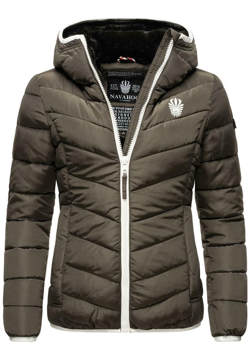 Dark olive green puffer jacket with a hood, chevron quilted pattern, white zip closure, and embroidered logo on the chest. Lined interior.
