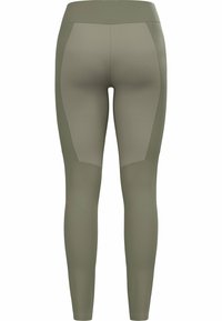 Leggings a vita alta in verde oliva con una finitura testurizzata, caratterizzati da accenti a blocchi di colore e un design elegante e aderente.