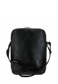 Sac à bandoulière synthétique noir avec surface texturée, forme rectangulaire, fermeture zippée et sangle ajustable. Conception durable et simple.