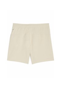 Pantalones cortos atléticos beige con una textura suave, cinturilla elástica y un logotipo discreto en el costado. Sin bolsillos ni patrones visibles.