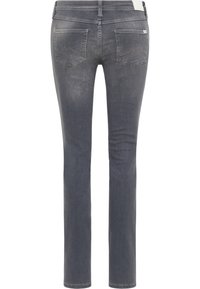 Jeans de mezclilla gris con un ajuste slim, que cuentan con dos bolsillos en la parte posterior, una cremallera y un desvanecimiento sutil en la tela.