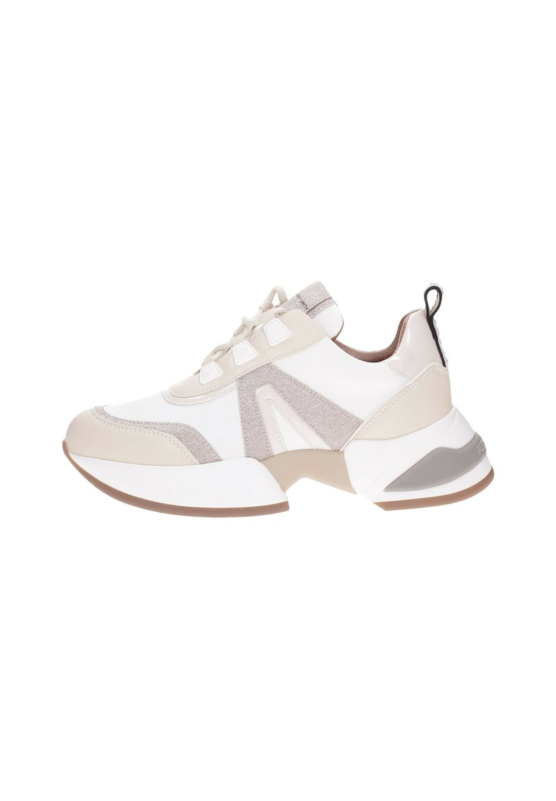 White and beige athletic shoes with textured panels, lace-up closure, and a chunky sole. Features a decorative back pull tab.