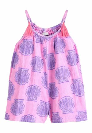 Pinkfarbener ärmelloser Einteiler mit lila Muschelmuster und pinkfarbenen Quasten an dünnen Schulterriemen.