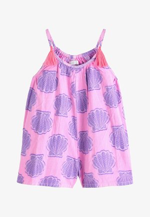 Roosa varrukateta kombinesoon lilla merikäpa mustritega ja roosad tutid õhukestel õlapaeladel.