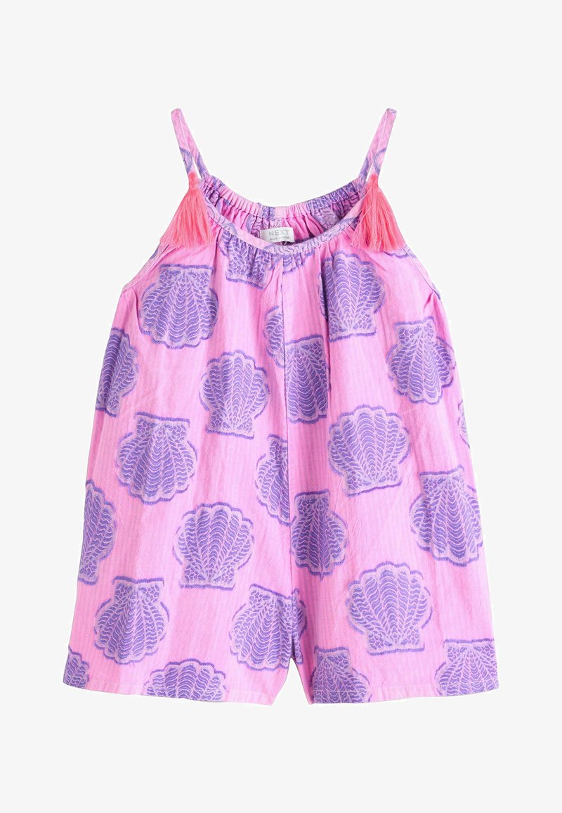 Tutina rosa senza maniche con motivi di conchiglie viola e nappine rosa sulle cinghie sottili delle spalle.