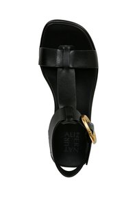 Infradito in pelle nera con punta quadrata, fasce larghe e un accento di fibbia circolare dorata sul cinturino alla caviglia. Suola piatta, design minimalista.
