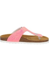 Roze flip-flop sandaal met glinsterende bandjes, kurken voetbed en witte rubberen outsole. Voorzien van een transparante teenpost en klinknagel-detail.