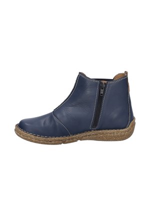 Marineblaue Leder-Ankle-Boots mit strukturierter Oberfläche, seitlichem Reißverschluss und natürlicher Jutebasis mit Stichdetails am Rand.