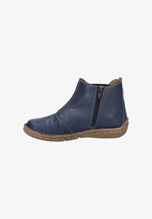 Marineblaue Leder-Ankle-Boots mit strukturierter Oberfläche, seitlichem Reißverschluss und natürlicher Jutebasis mit Stichdetails am Rand.