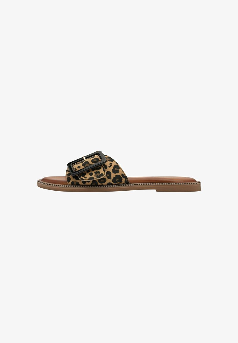 Leopard print slide sandal with a wide strap featuring a large black buckle, tan sole, and decorative stitching along the edge.