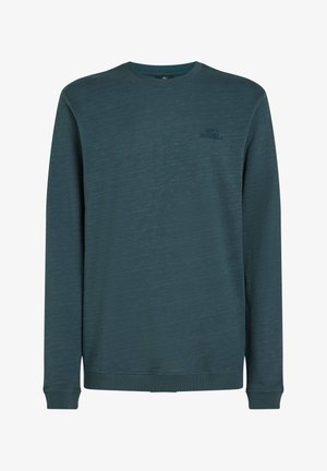 Sudadera de manga larga en color verde azulado, con una tela suave y texturizada, puños y dobladillo acanalados, y un pequeño logo en el pecho.