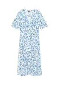 Robe fleurie à manches courtes, décolleté en V et taille froncée. Présente des fleurs bleues et vertes sur un fond blanc. Tissu léger.