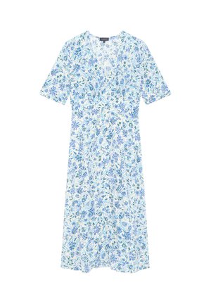 Abito floreale con maniche corte, scollatura a V e vita arricciata. Presenta fiori blu e verdi su uno sfondo bianco. Tessuto leggero.