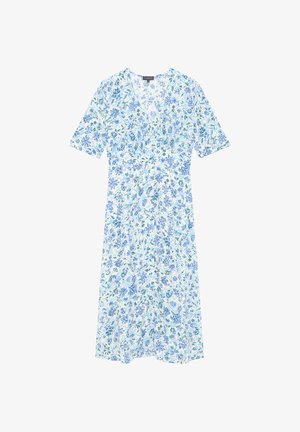 Abito floreale con maniche corte, scollatura a V e vita arricciata. Presenta fiori blu e verdi su uno sfondo bianco. Tessuto leggero.