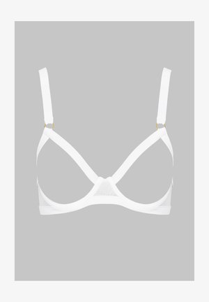 Weißer BH mit verstellbaren Trägern und goldenen Hardware-Akzenten. Mit einem Netzpaneel in der Mitte für zusätzlichen Textur und Atmungsaktivität.