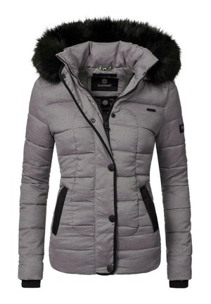 Grå pufferjakke med hætte i sort faux pels. Har vandret quiltning, frontknapper og sorte sidelommer. Blød tekstur, tætsiddende design.
