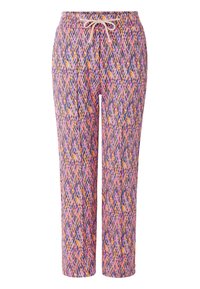 Różowo-fioletowe spodnie w geometryczny wzór, z elastycznym pasem i szczegółem ze sznurkiem. Wykonane z miękkiego, oddychającego materiału.